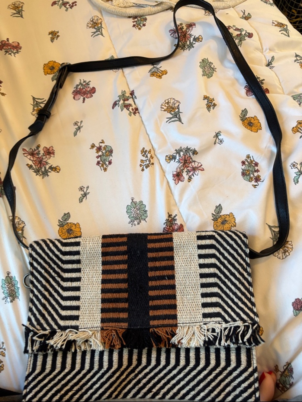 Lucky Brand Black, Cream & Brown Woven Fringe Crossbody